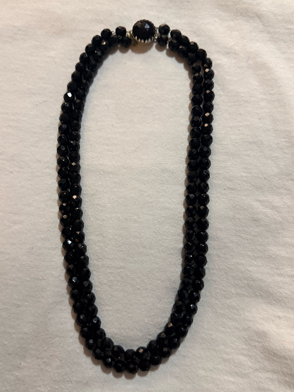 VTG W. Germany Double Strand Black Faceted Glass Bead Necklace 1950s Box Clasp